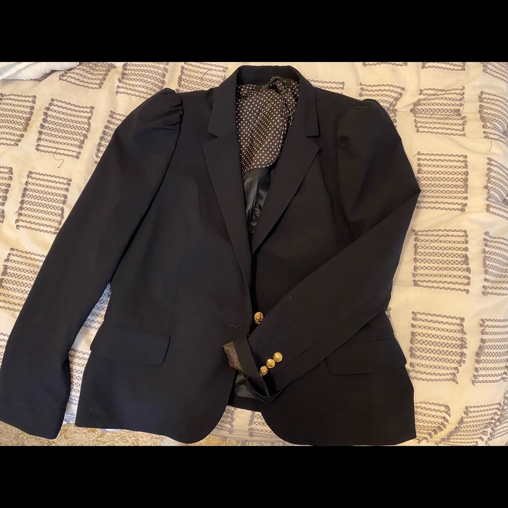 Zara Woman navy blue blazer with puff sleeve and gold buttons size xl